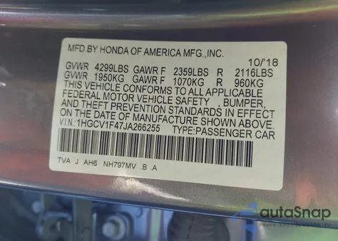 2018 Honda Accord Ex from USA, damaged, VIN 1HGCV1F47JA266255